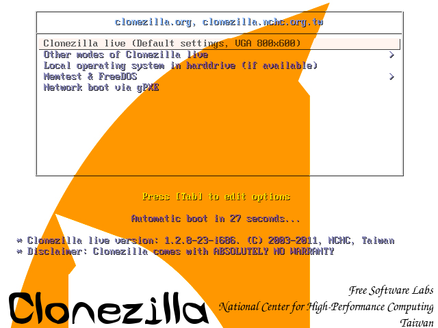 Interface de démarrage de clonezilla Live/ La liste des options est, dans l'ordre : Clonezilla livre (default settings); Other modes; Local operating system in hardware; Memtest and FreeDOS; Network boot via gPXE