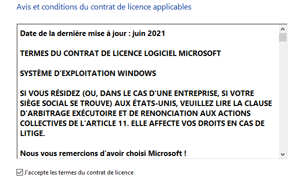 Fenêtre d'affichage du contrat de licence de Windows