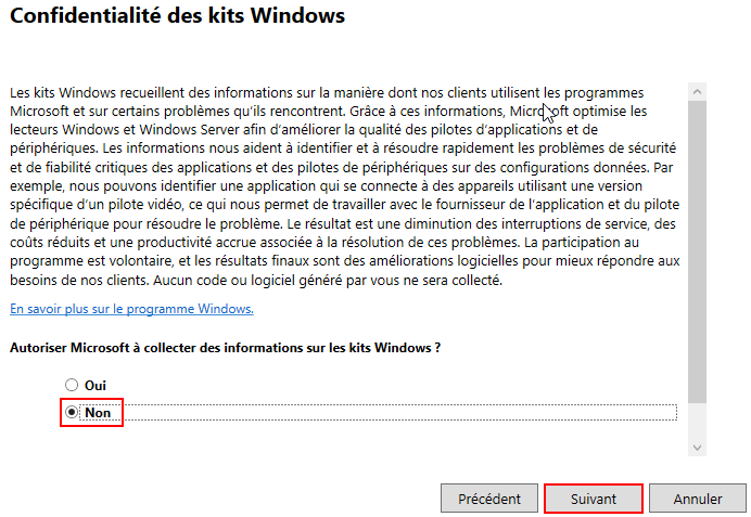 Fenêtre : Confidentialité des kits Windows