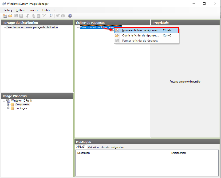 Section fichier de réponse de la fenêtre principale de l'application Assistant Gestion d’installation