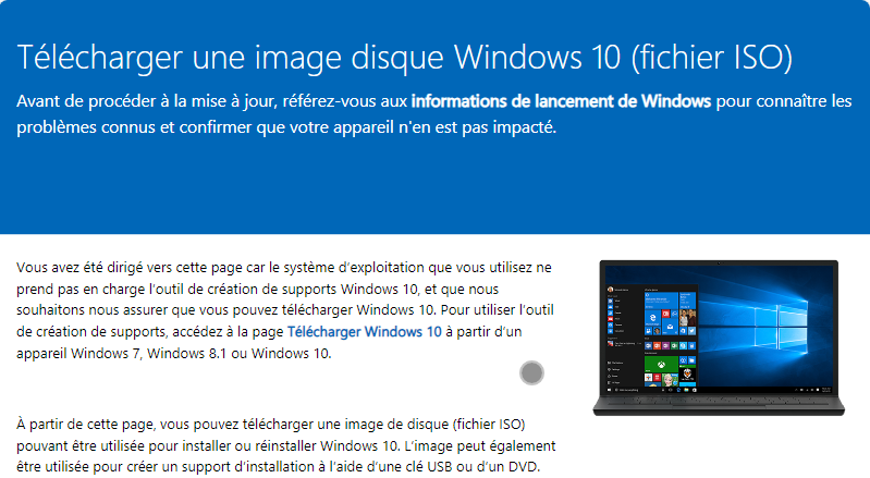 Page affiché : Télécharger une image disque Windows 10 (fichier ISO)