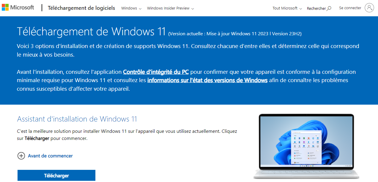Page affiché : Téléchargement de Windows 11