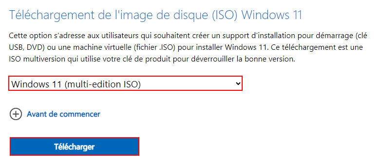 Sélectionner Windows 11 (multi-edition ISO) dans Téléchargement de l'image de disque (ISO) Windows 11